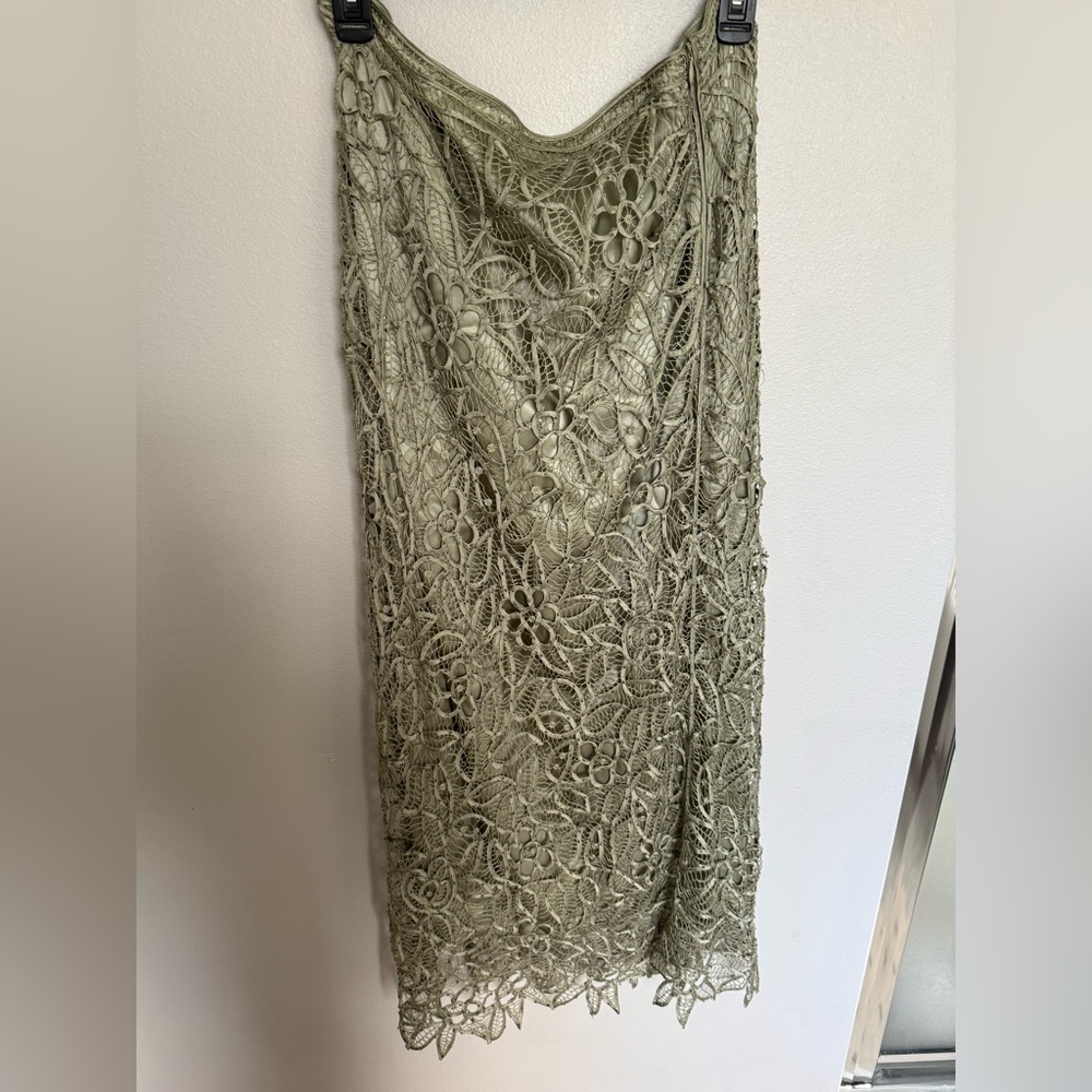 Elegant Olive Silk Lining Hand Crochet Overlay Boho Artsy Fairy Maxi Skirt